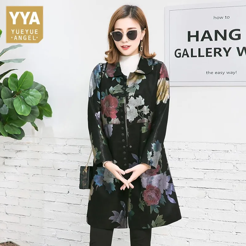 

Women Streetwear Genuine Leather Sheepskin Coats Vintage Printed Windbreakers Autumn Slim Fit Elegant Overcoat