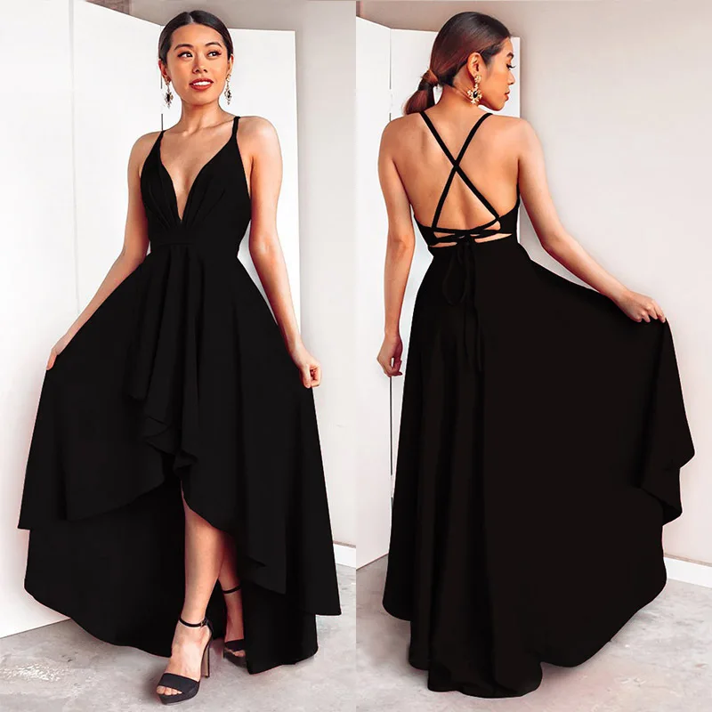 Sexy Asymmetric Evening Bridemaid Dress Women V-neck Crisscross Back Elegant Formal Party Cocktail Dress MZX-69