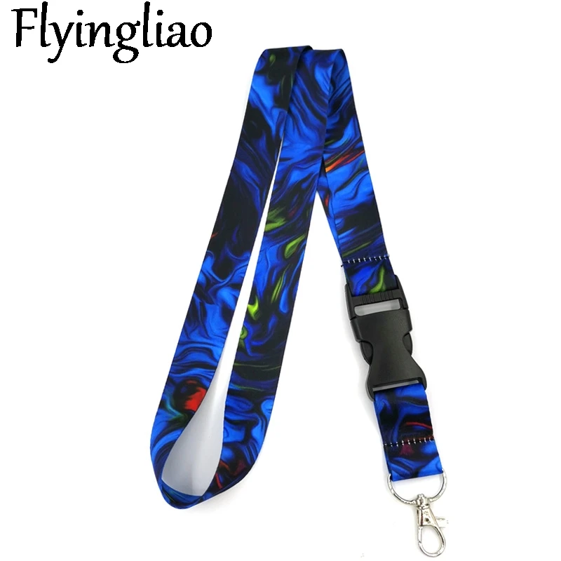 Blue Watercolor Marble Pattern Lanyard Credit Card ID Holder Bag Student Women Travel Card Cover Badge Car Keychain Decorations