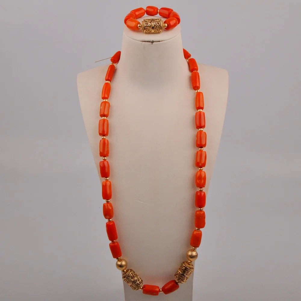 

Simple Men's African Bridegroom Bride Wedding Jewelry Couple Orange Natural Coral Necklace Nigeria Wedding Bead Set AU-490