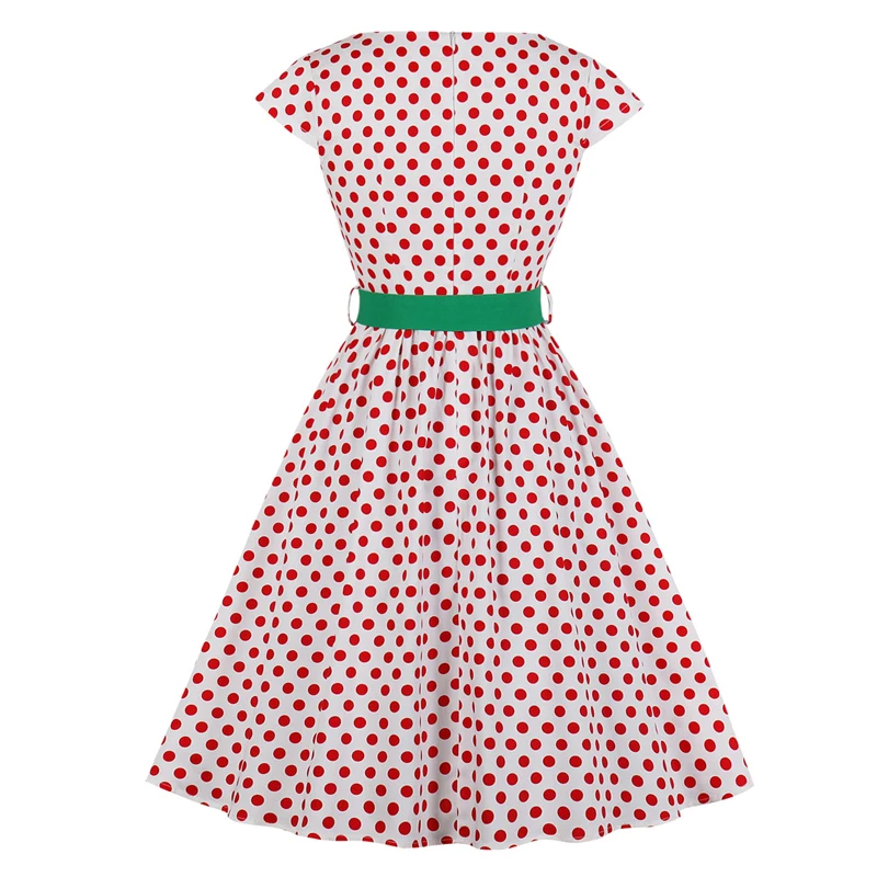 Women Polka Dot Vintage Rockabilly Dress with Green Belt Woman Clothes O Neck A Line Short Sleeve A Line Elegant Pin Up Dresses