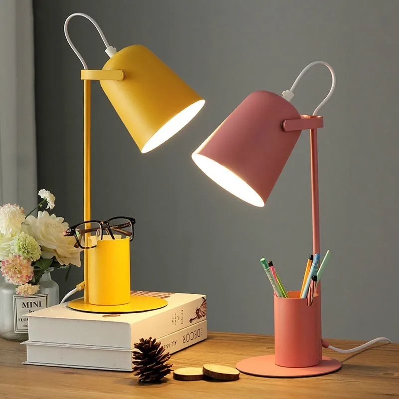 Creative Nordic Iron Art Table Lamp LED Fashion Reading Dimming Desk Lamp with Pen Holder Eye-Protect Desk Lamps for Home