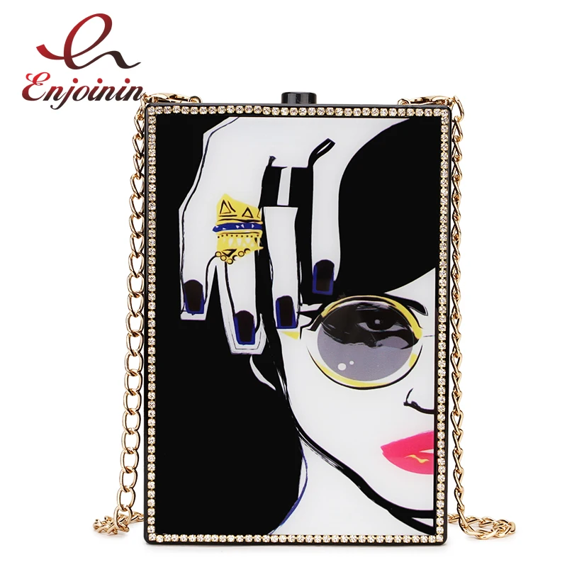 

Black Acrylic Box Women Purses and Handbags Party Clutch Evening Bag Sexy Woman Pattern Diamond Chain Crossbody Bag Wedding Bag