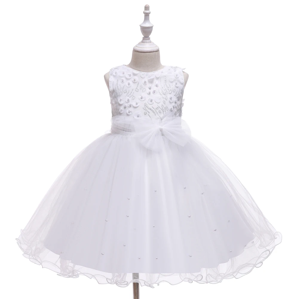 European Style Bead Night Dress for Kids Bow Knee Length Birthday Dress for Girls Multi-Layer Mesh for 10 Years Girl Dresses