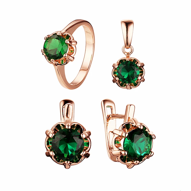 Luxury Green Stone Jewelry Set 585 Rose Gold Color Earring/Ring/Necklace Jewelry Set Gift for Mother and Wife