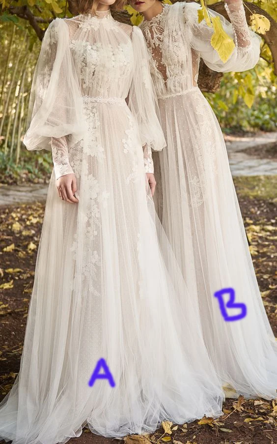 Abiti da sposa musulmani Vintage Appliques collo alto Illusion Vestido De Noiva Boho Dubai abito da sposa arabo stile nuziale A Not B