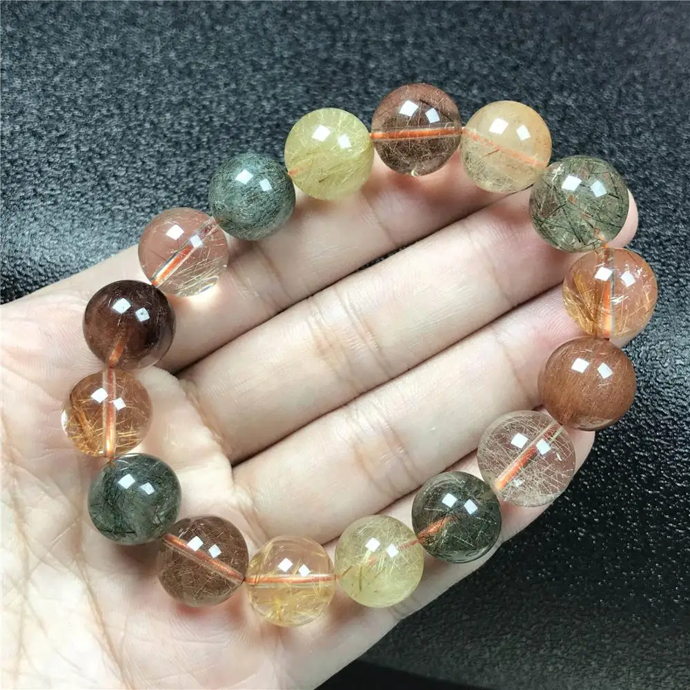 

13mm Natural Brazil Rutilated Bracelet Jewelry For Women Lady Men Reiki Crystal Round Colorful Beads Stretch Rare Gemstone AAAAA