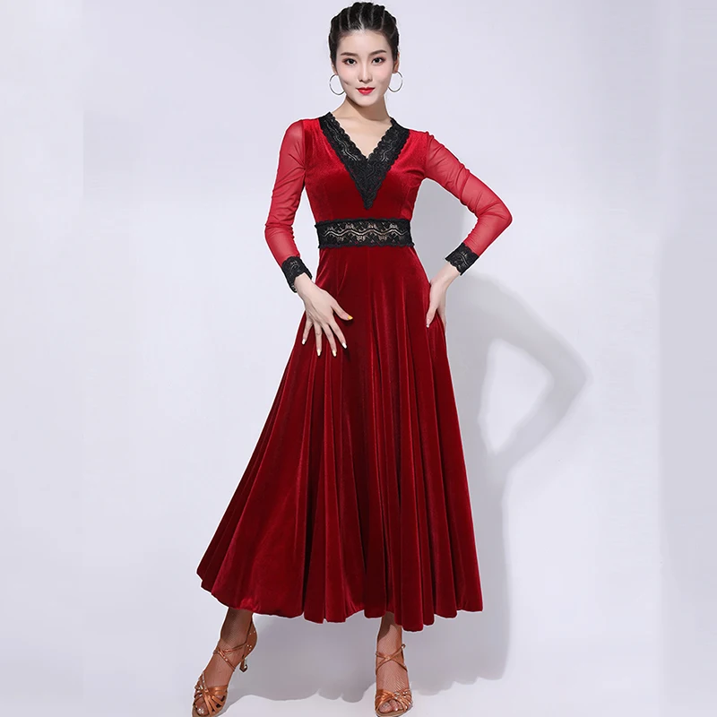 Vestido de dança de veludo feminino, roupa moderna, valsa de flamenco, inverno, novo