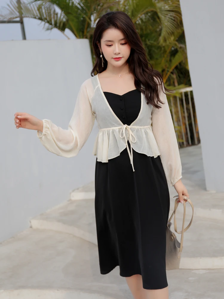 Pearl Diary Women Draped Chiffon Blouse Blouson Sleeve Front Tie Waist Beach Cover Up Top Frill Hem Solid Textured Chiffon Top