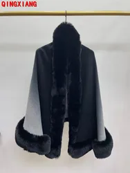 8 Kleuren Vrouwen Grote Faux Konijnenbont Kraag Poncho Gradiënt Cape Gebreide Vest Mantel Losse Sjaal Buiten Streetwear Jas