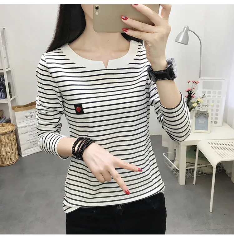 2022 Women Striped T Shirts Long Sleeve 95% Cotton Tops Casual Women Autumn T Shirts Tops Women TopsPull Femme