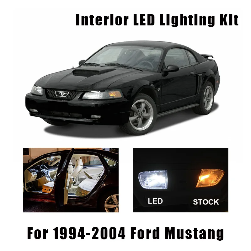 10 Bulbs White Interior LED Car Map Dome Light Kit Fit For 1994-2000 2001 2002 2003 2004 Ford Mustang Trunk Cargo License Lamp