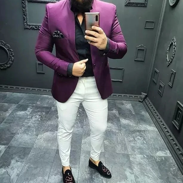 

Purple Mens Suits With White Pant One Button Slim Fit 2 Pieces (Tuxedos Jacket+Pants) Wedding Groom Tuxedos Prom Suit Blazer