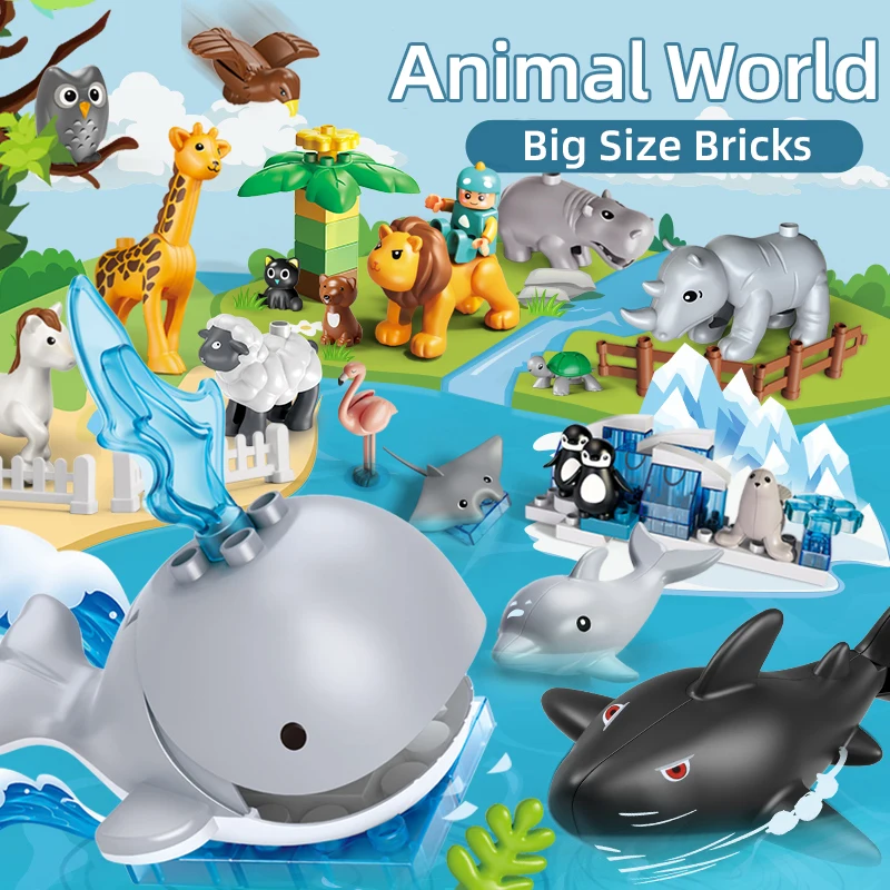 26pcs/set Big Size DIY Building Blocks Animal Accessories Figures Lion Whale Eagle Flamingos Bricks Zoo Toys for Children Gifts