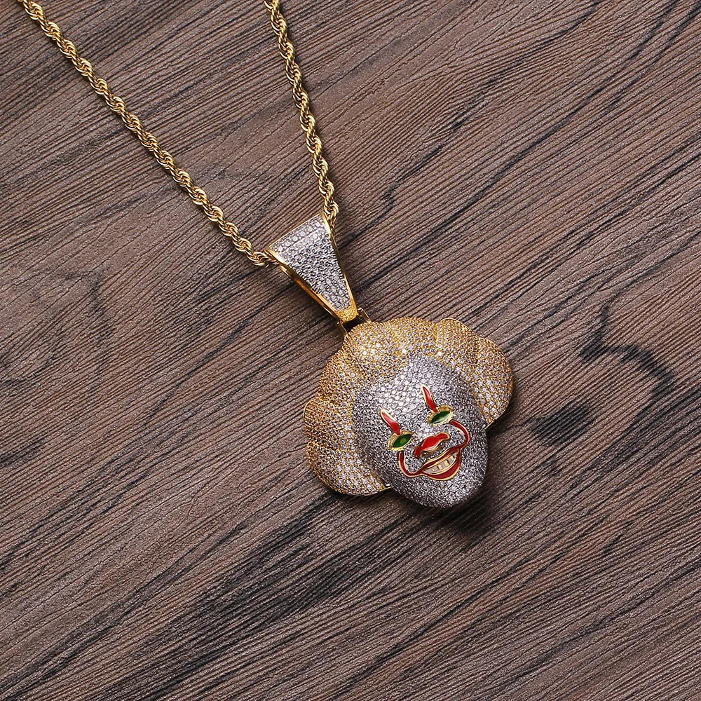 

Hip Hop Jewelry Iced Out Bling Classic Clown Pendant Necklace Gold Color Tennis Chain Halloween Horror Necklace for Men Women