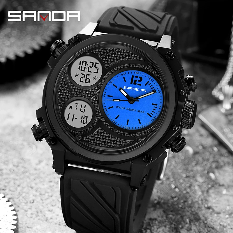 SANDA Three Time Display Quartz Watch for Men LED Sport Digital Watches 50m Waterproof ElectronicWristwatch Alarm Clock Relogio