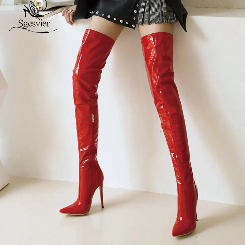 Sgesvier 2021 New Sexy Over the knee Long Boots  High Heel Patent leather Autumn Winter Women Shoes Black Red White Size 32-49