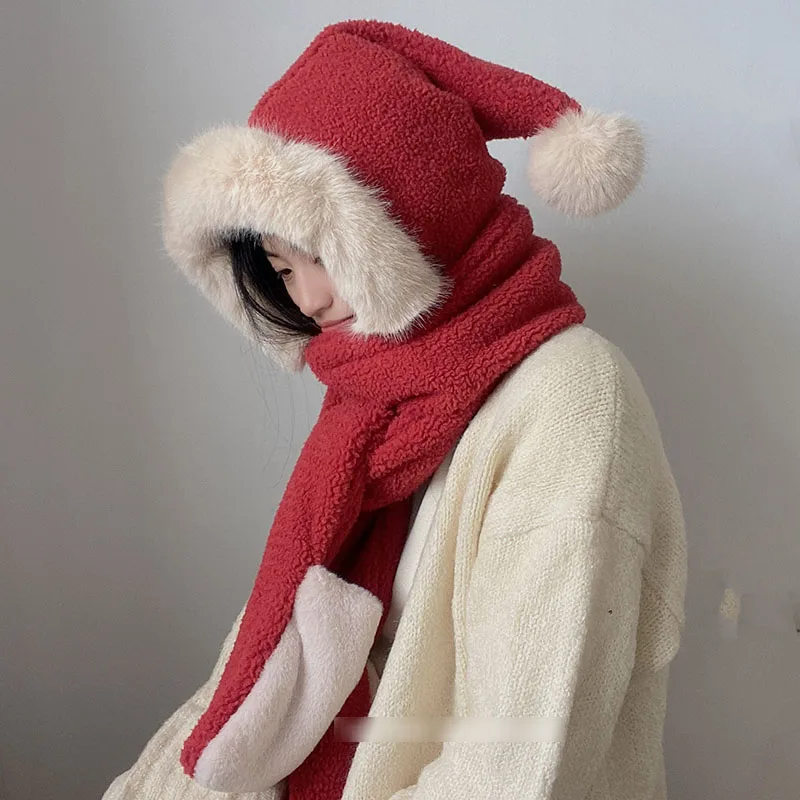 Winter Cute Wool Ball Hat Scarf Pocket Gloves Wholeness Women's Thick Earmuff Faux Fur Collar One-piece Plush Caps Hat Scarf