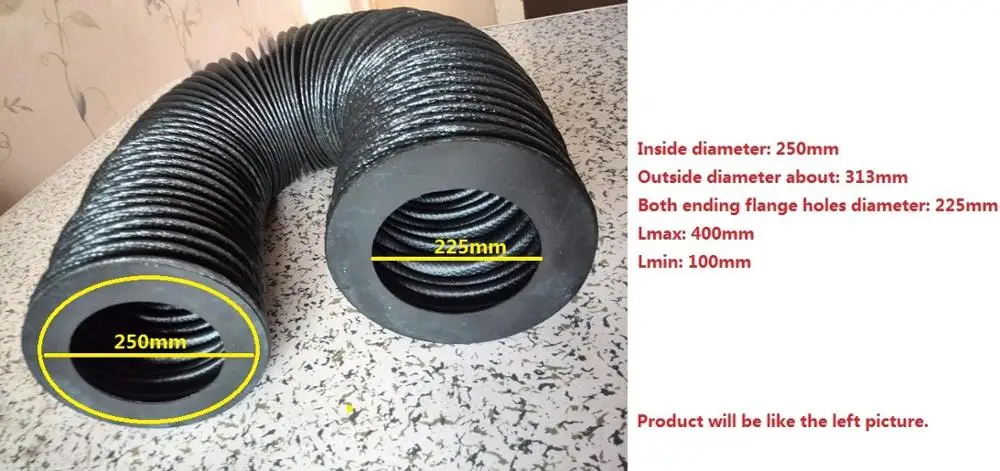 Circular round dust-proof bellows cover,ID: 250 mm,ending flange holes diameter:225mm Lmax: 400mm