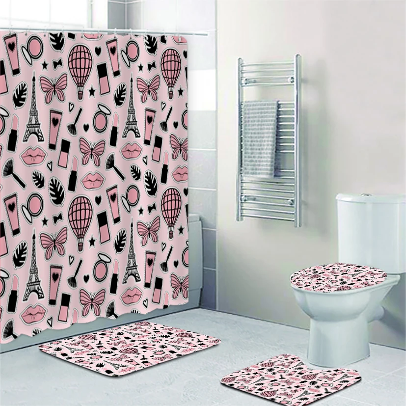 Cute Cartoon Make Up Cosmetics Doodle Bathroom Shower Curtain and Rug Set for Girl Bathroom Toilet Mat Carpet Eyelash Lipsticks