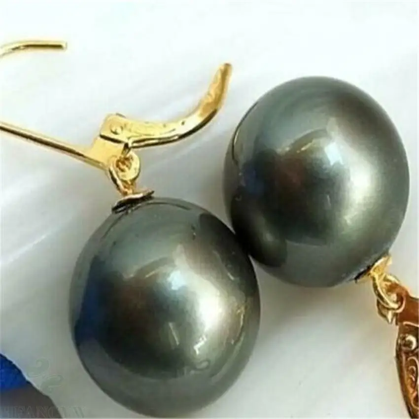 16mm Round Black Shell Pearl Earrings 18k Hook chic Flawless aurora gorgeous wedding hand-made Huge