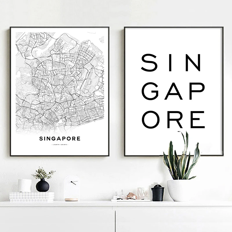 Black White Singapore Map Canvas Poster Modern Wall Art Painting Print Nordic Decorative Pictures Home Decor Travel Map Gift