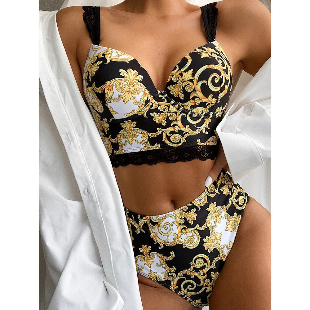 ZAFILLE Lace Vintage Bathing Suit Elegant Swimwear High Waist Swimsuit Hard Cup Bikini Set 2021 Two-Piece Swimsuits Push Up