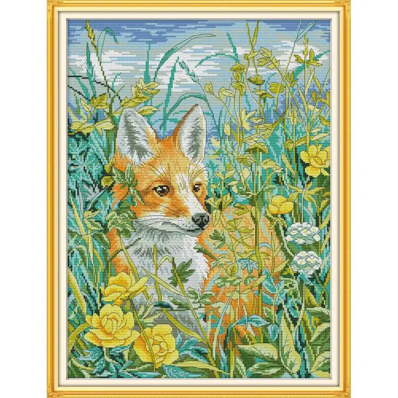 

Fox in the flowers Count Cross Stitch Set Cute Cartoon Animal Pattern 14ct 11ct Cross Stitch Kit DIY Embroidery Kit Needlework