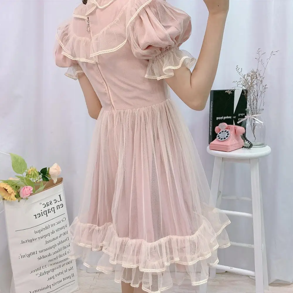 Lolita Kawaii Short Tulle Dress Women Girls Pink Princess Casual Cute Ruffle Puff Sleeve Fairy Vintage Party Mesh Dresses 2024