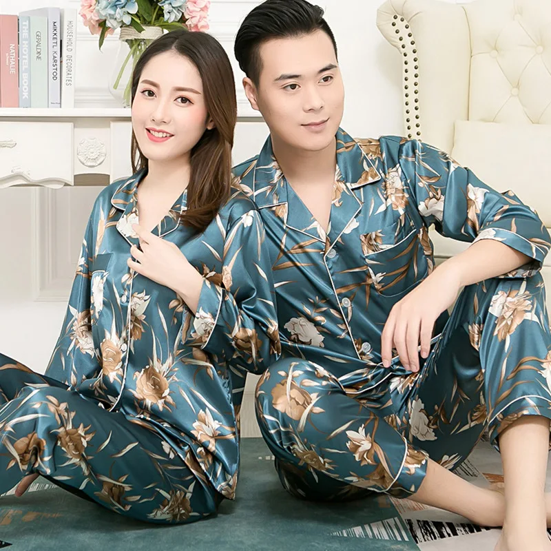 

FZSLCYIYI Long Sleeve Long Pants Couple Silk Satin Pajamas Set Sleepwear Pijama Pyjamas Suit Women Men Sleep 2PC Set Loungewear