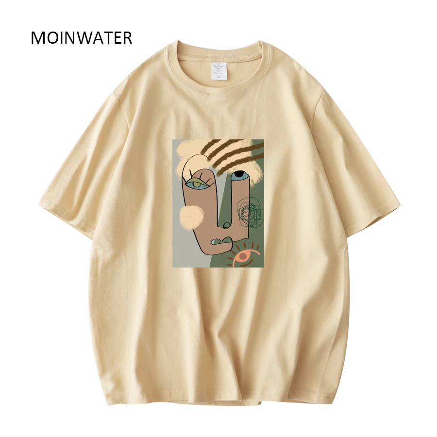 MOINWATER Women New Abstract Pattern T shirts Female Cotton Green Summer Tees Lady Khaki Short Sleeve Streetwear Tops MT21027