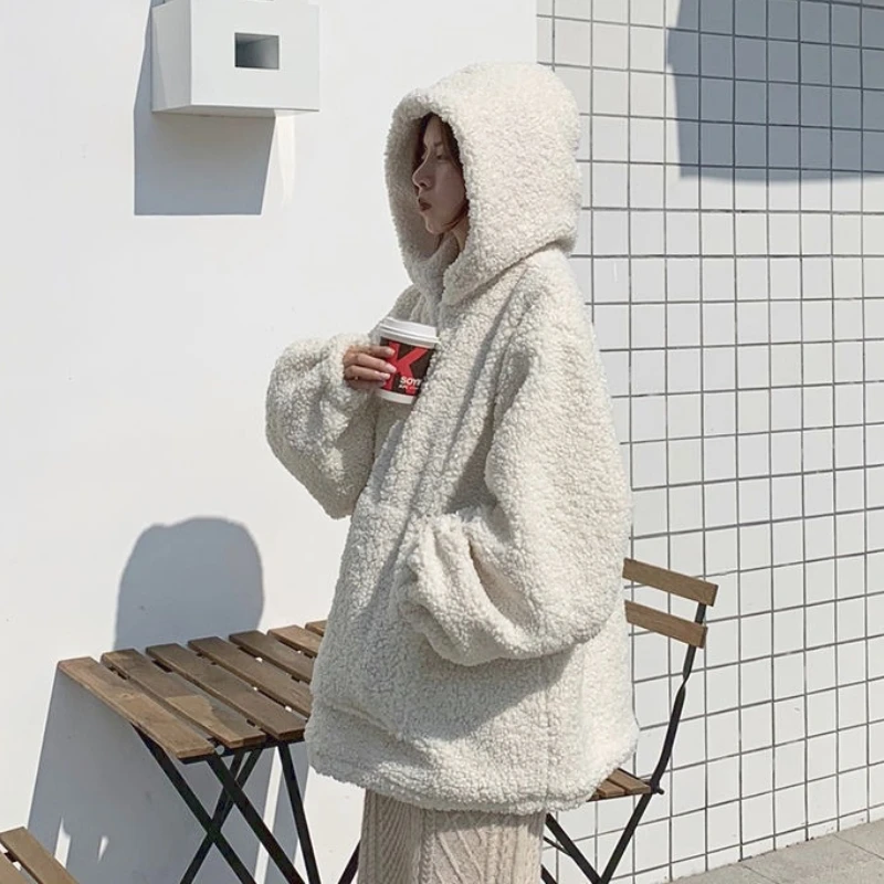 Fluffy Hooded Sweatshirts Winter Coat All Match Solid Lambswool Stylish Fashion Vintage Loose Kawaii Hoodies ThickeningFleece