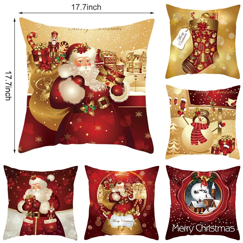 Funda de almohada dorada para decoración del hogar, cubierta de cojín de Papá Noel, árbol de Navidad, muñeco de nieve, 2024