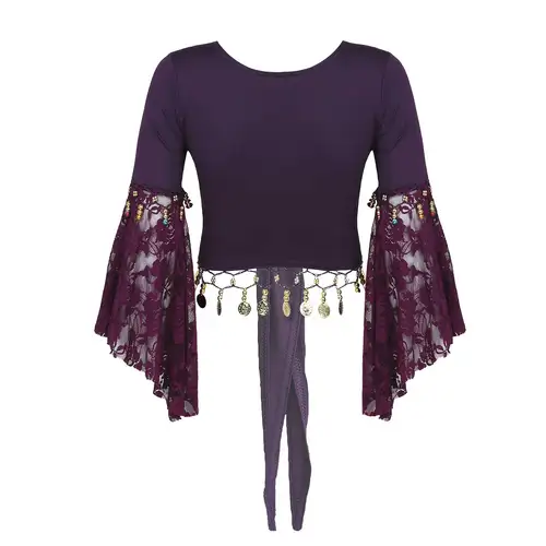 Imagen 2 del producto Chal para danza del vientre para mujer, Tops, disfraz de encaje, manga acampanada de tres cuartos, borla de cuentas de campana, chal con cordones, Top corto, cárdigan, Ropa de baile