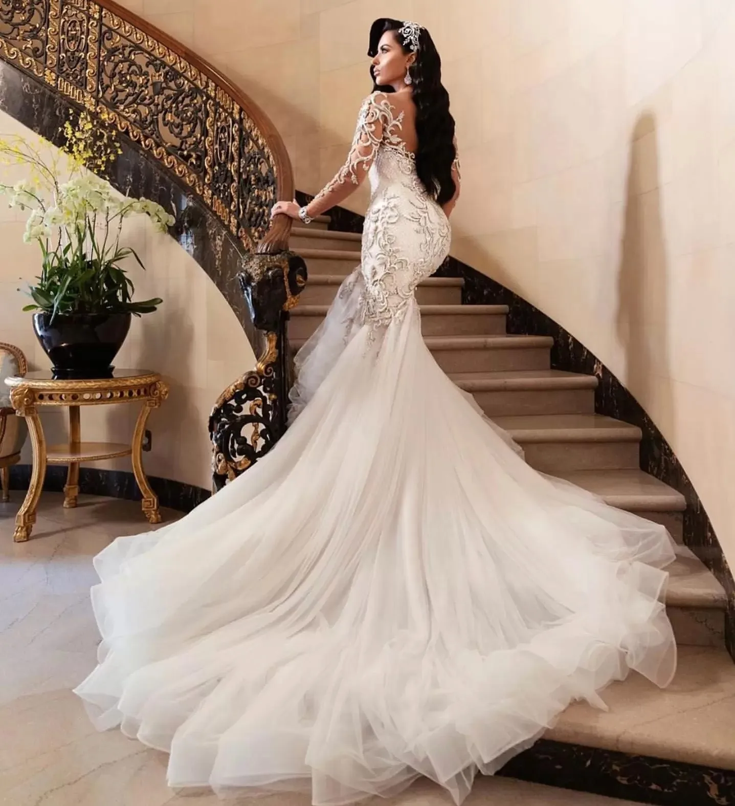 Vestidos De novia árabes sexys De lujo sirena rebordear cuello transparente mangas largas Vestidos De novia 2025 Vestidos De Noiva Mariee