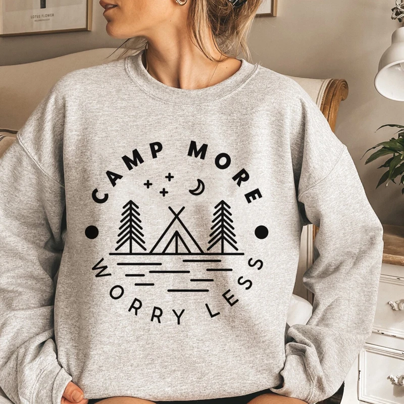 

Camp More Worry Less Sweatshirt Cute Women Long Sleeve Camping Outdoorsy Pullovers Streetwear