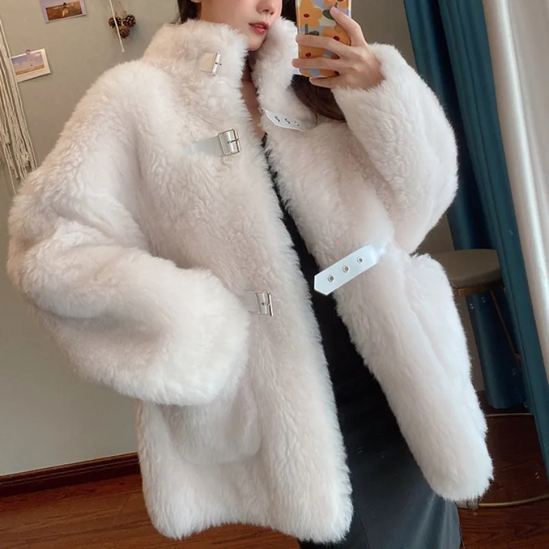 Natural Wool Coat Women Winter Warm Stand Collar Long Sleeve Fashion Luxury Office Ladies Elegant Real Sheep Fur Jacket Overcoat