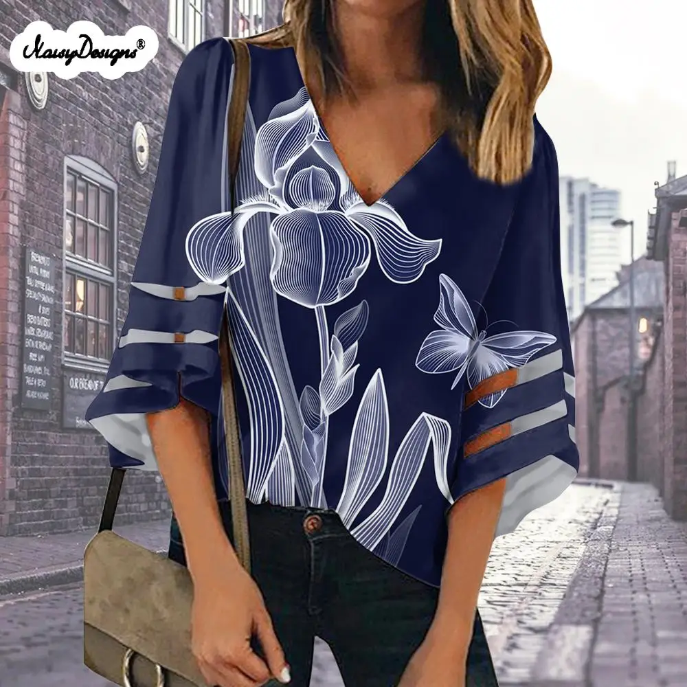 NOISYDESIGNS-Blusa de manga larga holgada para mujer, camisa de oficina con cuello en V, estampado de flores, para playa