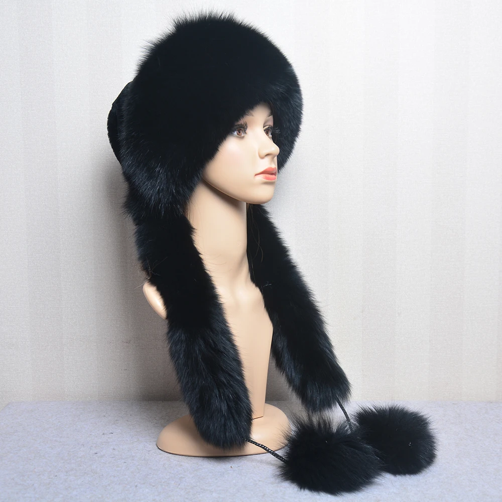 Women’s Winter Hat With Fox Fur Surround Can Be Used As a Scarf Women Russian Aviator Trapper fox Fur Rex Rabbit Fur Bomber Hat