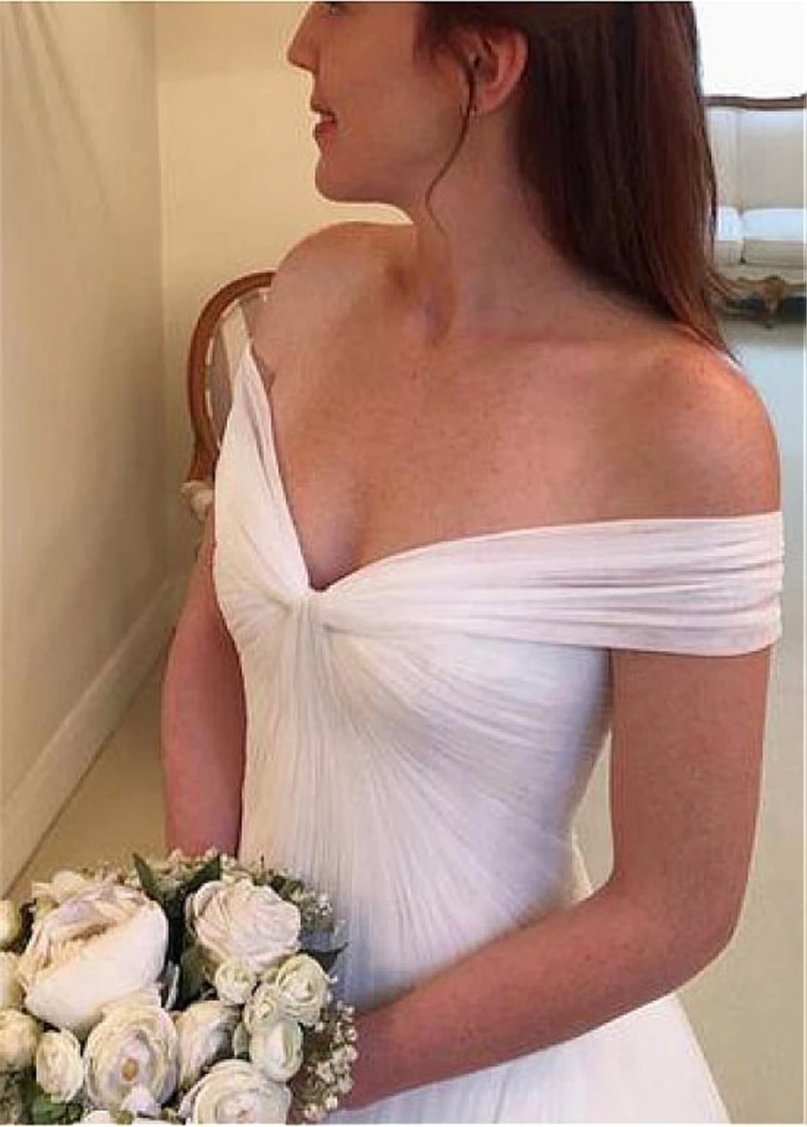 MYYBLE Elegant Tulle Off-the-shoulder Neckline A-line Wedding Dresses With Pleats Tulle Bridal Dress vestido de noiva sereia