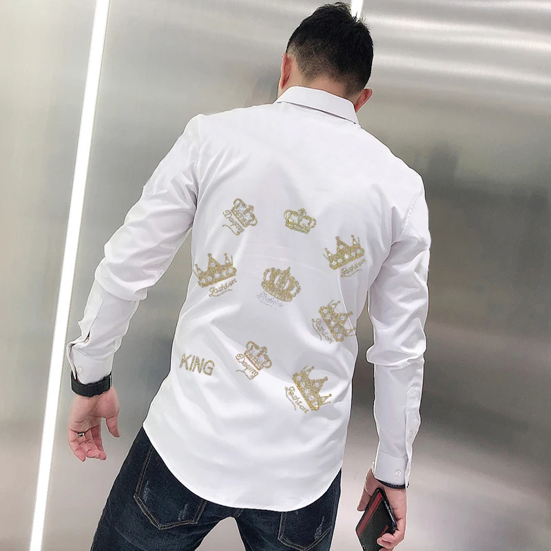Fall Slim Rhinestone Style Crown Long Sleeve Spring Men's Business Lapel T-Shirt Hot Diamond Design Tops