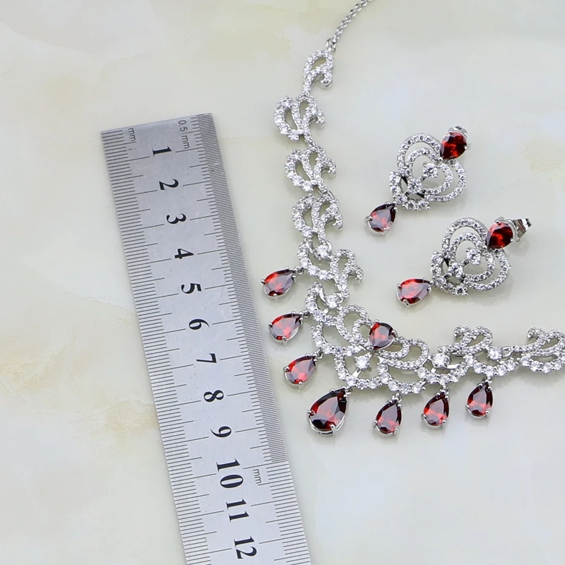 Water Drop Red Cubic Zirconia White CZ Silver 925 Jewelry Set For Women Wedding Earrings Necklace/Earrings 2PCS