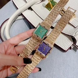 Ladies Fashion Watch Stainless Steel Band Luxury Diamond Diamond Green Square Dial Gold Watch