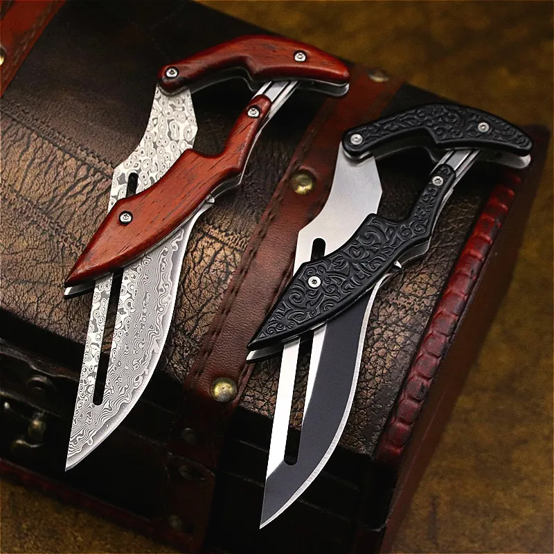 DEHONG Damascus Mechanical folding Knife Fashion D2 steel folding knife outdoor folding knife pocket knife jungle hunting knife