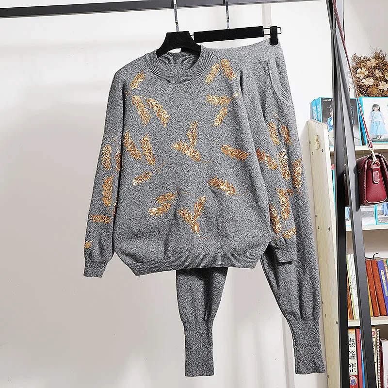 

Black Gray Knitted Tracksuits Outfits Women 2pc Autumn Loose Casual Sequins Embroidery Pullover Sweater Pencil Pants Set Female