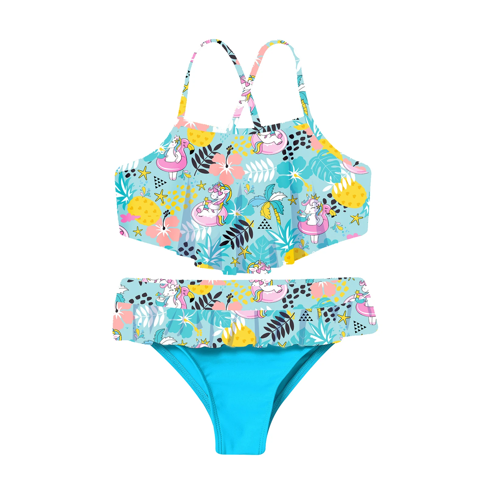 TiaoBug Summer 2Pcs Kids Girls Bikini Sets Spaghetti Straps Criss Cross At Rear Ruffle Hem Tube Top With Bottom Beach Swimwear