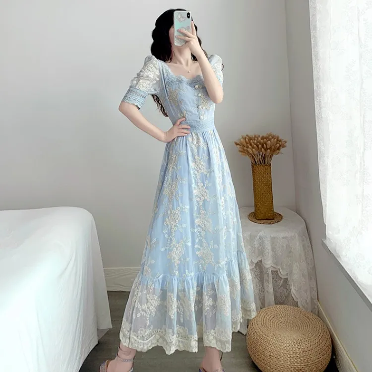 2021 Summer Sweet Lace Embroidery Party Dresses Elegant Square Collar Puff Sleeve Casual Button A Line Ruffles Boho Long Dress