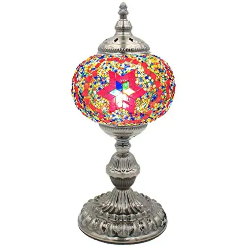 

Silver Fever Handcrafted Mosaic Turkish Lamp Moroccan Glass Table Desk Bedside Light Bronze Base with E12 Bulb (Burgundy Star of