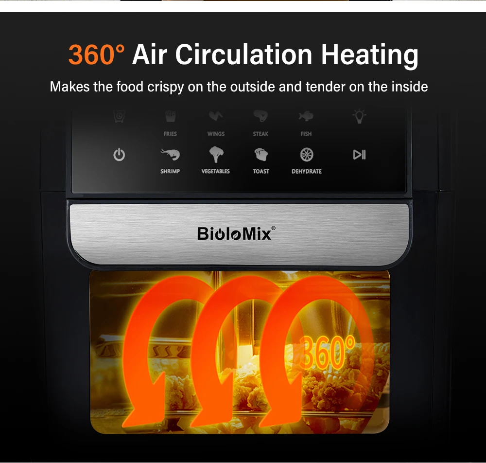 Biolomix multifuncional 7l fritadeira de ar sem óleo forno elétrico, desidratador, forno de convecção, tela sensível ao toque presets fritar, assado