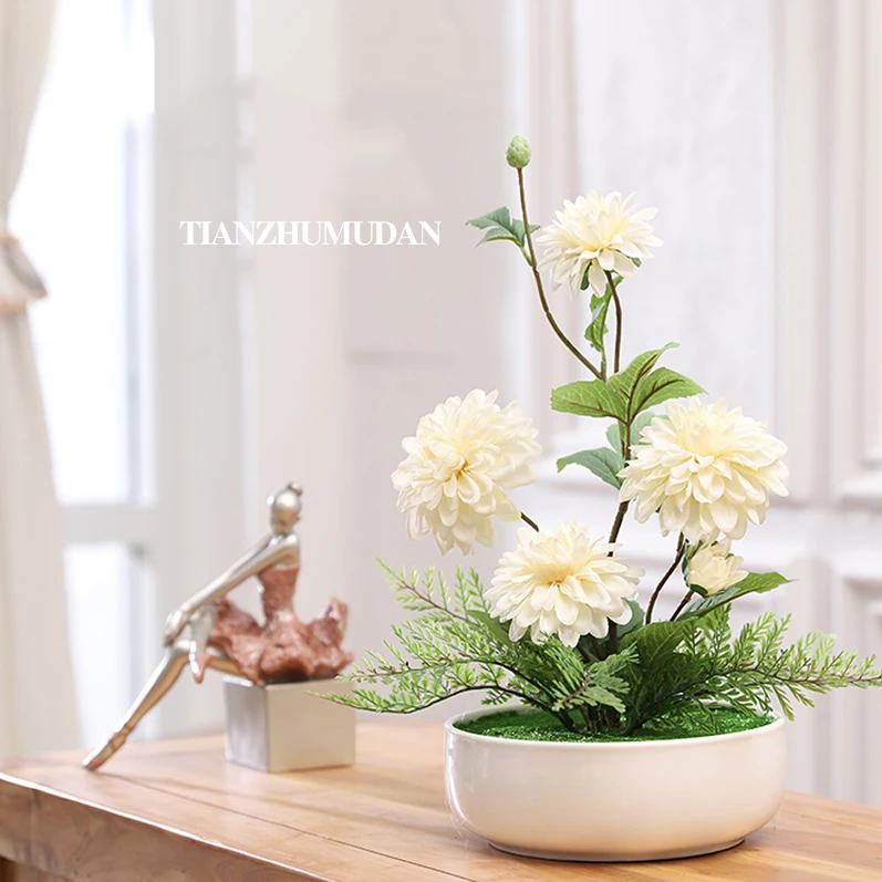 Modern Ceramic Vase Tianzhu Peony Simulation Floral Set Ornaments Coffee Table Furnishing Crafts Home Livingroom Decoration Art